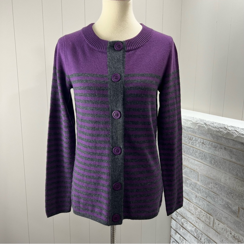 Forte Cashmere Sweater L Purple Grey Stripe Crewneck Sweater Button Up Cardigan